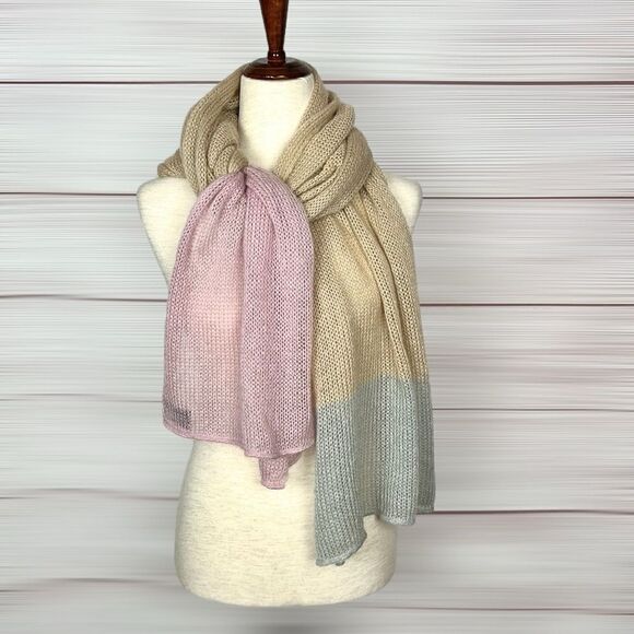 Lightweight Oblong Scarf Kid Mohair Blend Beige Pink Gray made in France - Picture 2 of 9